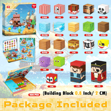 Toyunited Magnetic Blocks - 100Pcs Magnetic Building Blocks Magnetic Cube Stacking, Build Pirate-Ship Set, Stem Montessori Senso