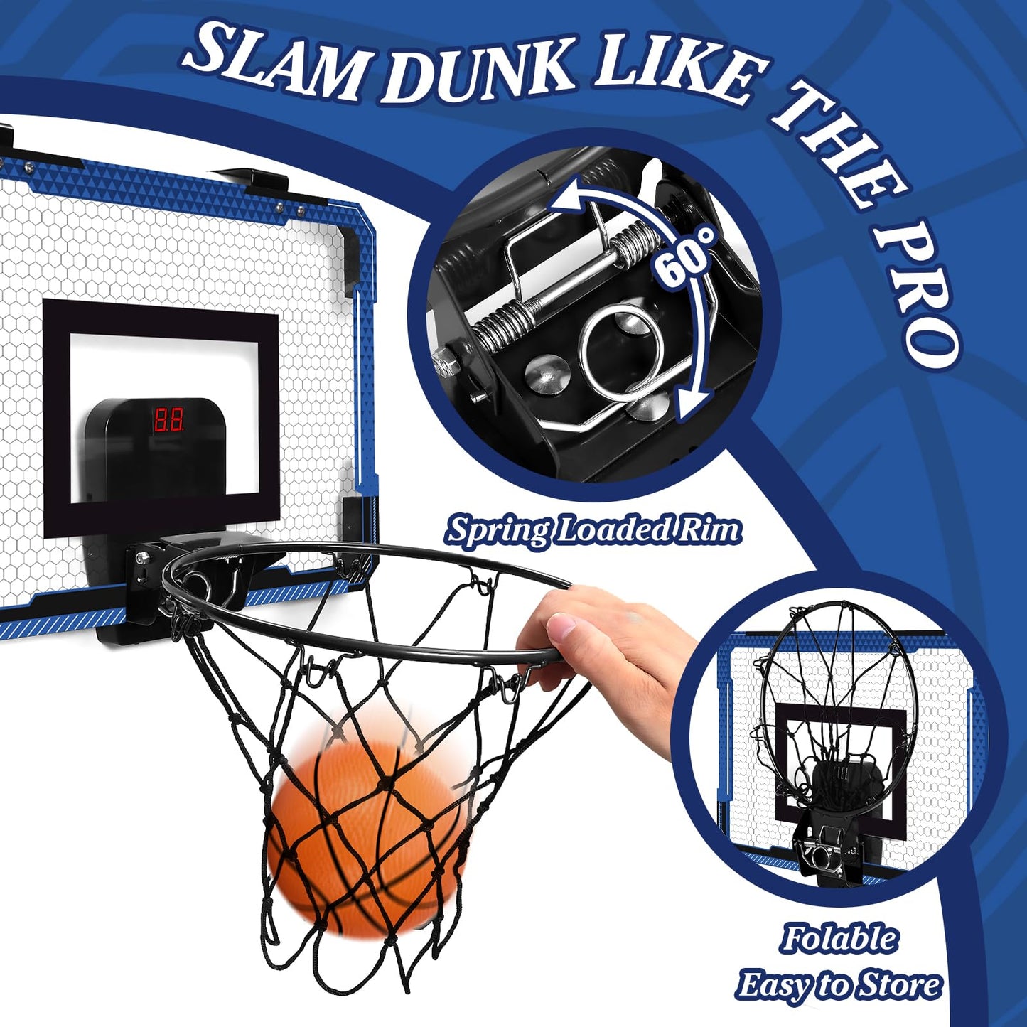 Xucutu Indoor Mini Basketball Hoop For Door - Over The Door Basketball Mini Hoop With Scoreboard & 3 Balls, Foldable Basketball