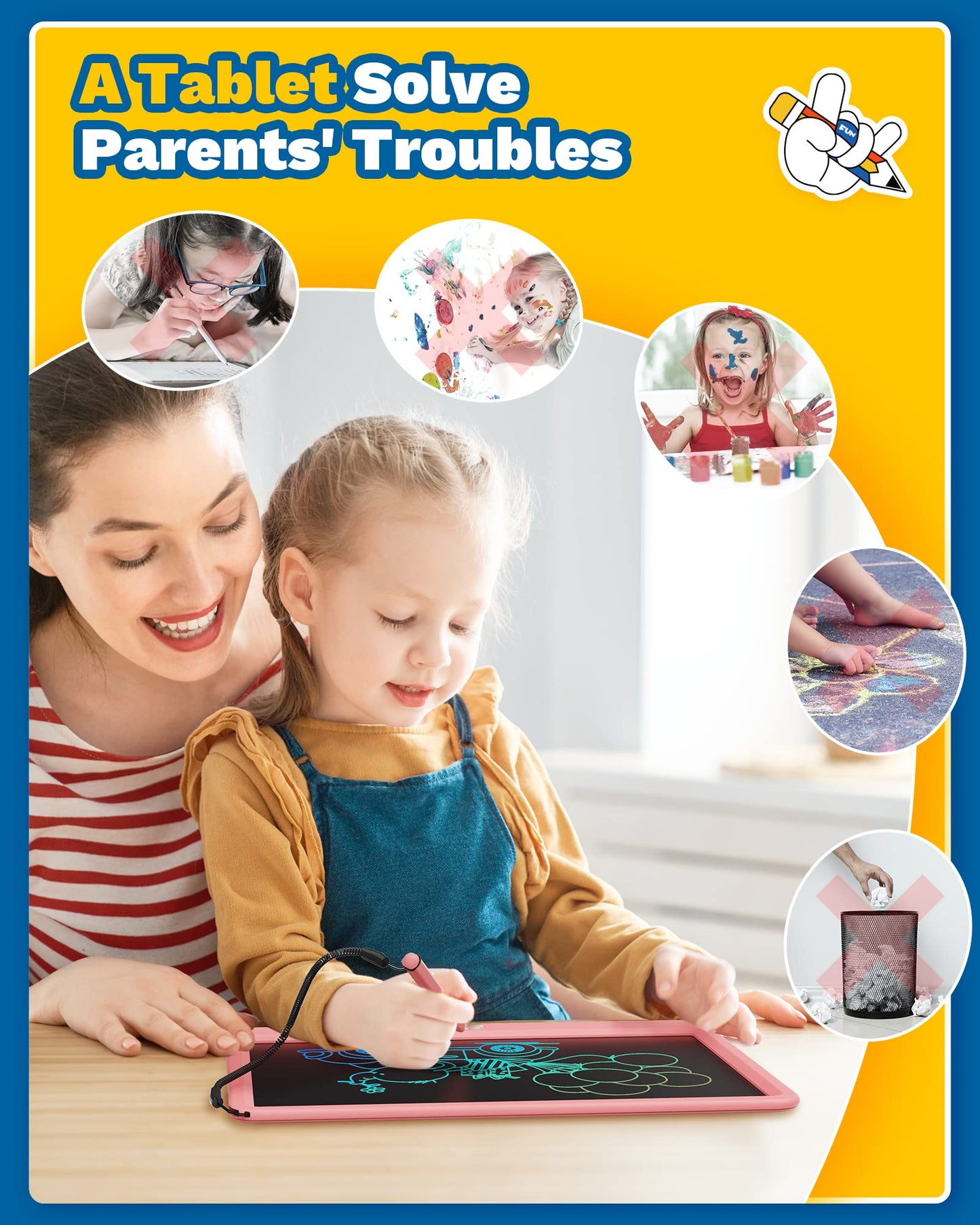 TEKFUN Toys for Girls 12in LCD Writing Tablet, Erasable Doodle Board with Anti-Lost Stylus, Mess Free Coloring Drawing Board, Tr