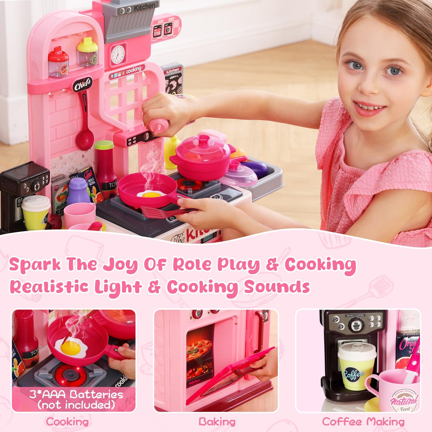 DRAMATION Kids Kitchen Playset, 27.1 Inches Play Kitchen with Sound and Light, Kitchen Set for Toddlers 1-3 3-5, Cooking Stove,