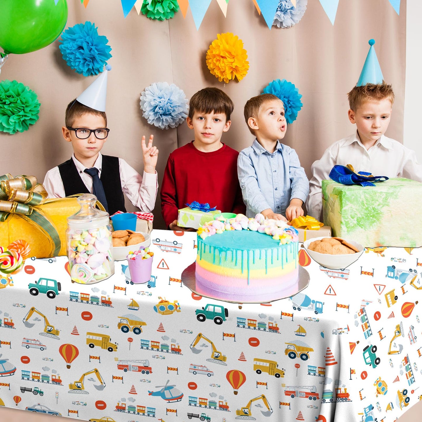 Hakoti 3Pack Transportation Birthday Tablecloth,Transportation Birthday Party Supplies Rectangular Truck Birthday Plastic Table