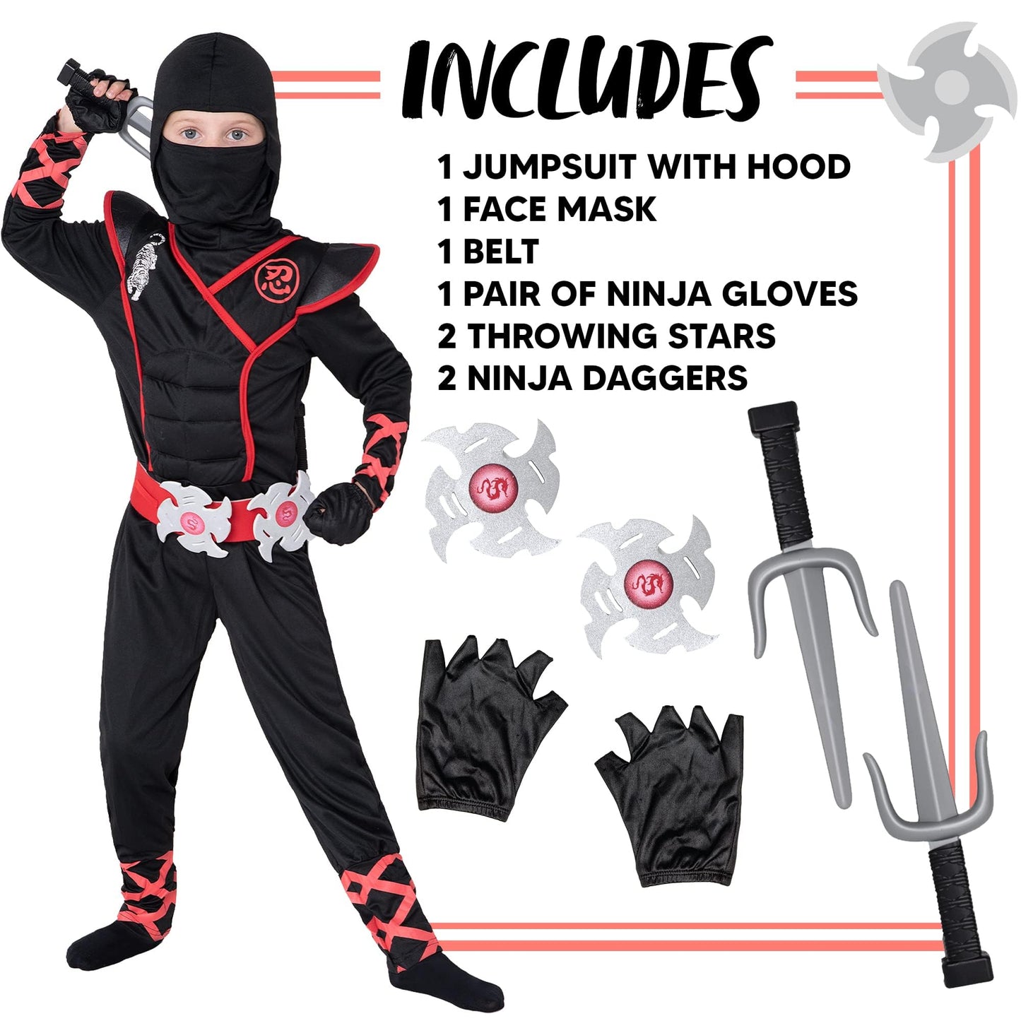 Spooktacular Creations Halloween Ninja Costume, Black Ninja Outfit Set For Kids, Halloween Costumes With Accessories For Boys Dress Up And Role Play Party (Small, 5-7 Yrs)