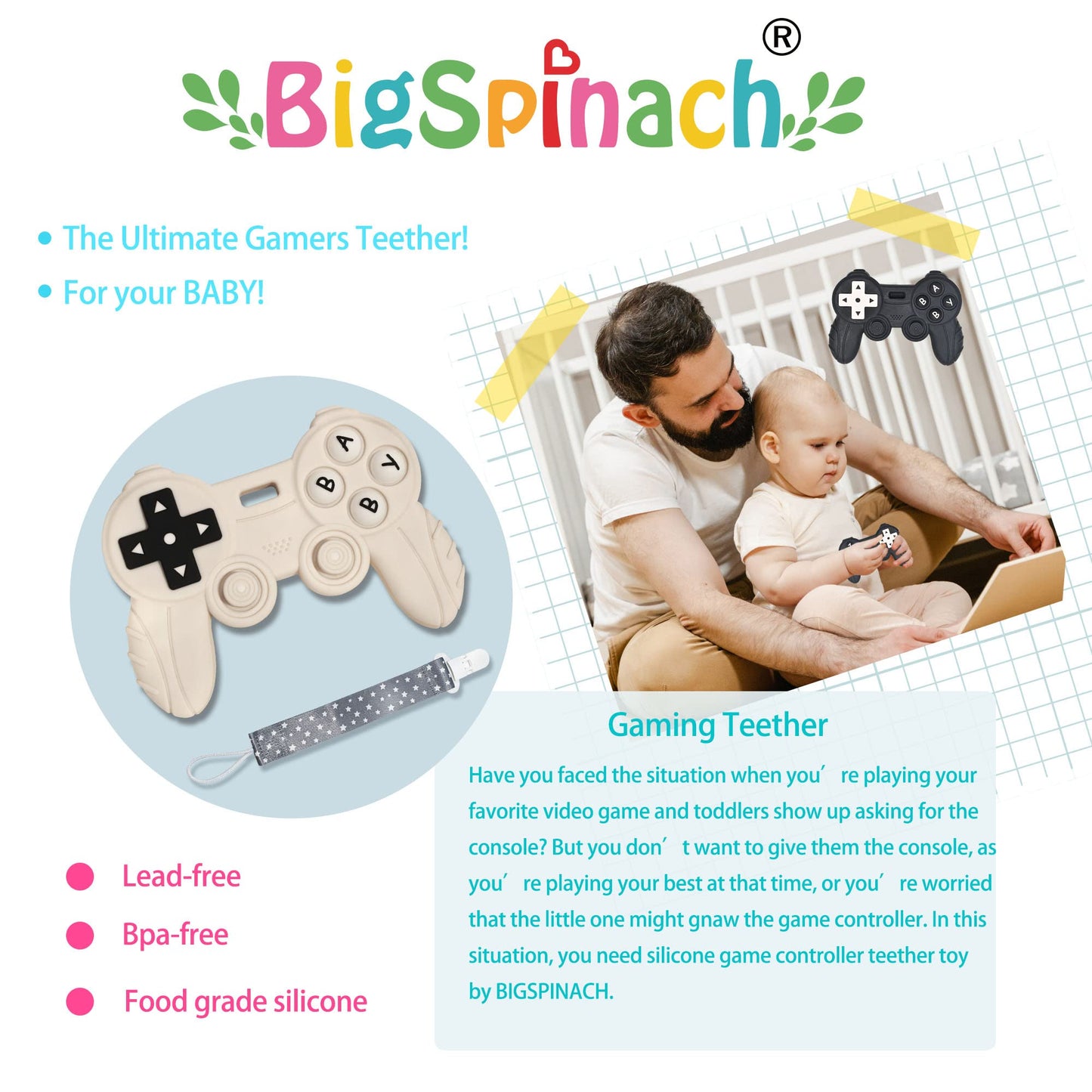 Bigspinach Baby Game Controller Teether Toy Silicone Teething Toy For Gamer Parents And Future Gamer Kids Cool Gaming Stuff 4Pc