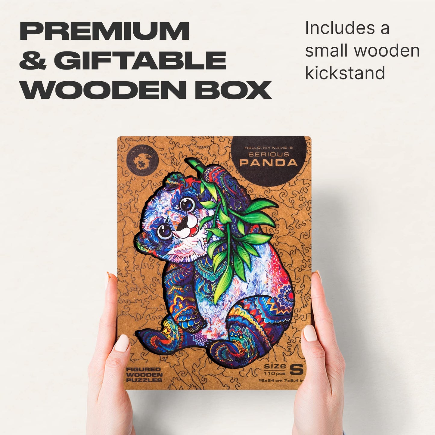 Unidragon Original Wooden Jigsaw Puzzles - Serious Panda, 110 Pieces, Small Size 7''X9.4'', Beautiful Gift Package, Unique Shape