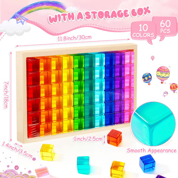 Meooeck 60 Pcs Acrylic Gem Cubes Blocks Translucent Rainbow Building Cubes Crystal Educational Sensory Training Stacking Toys with Wooden Storage Boxes School Supplies Birthday Gift
