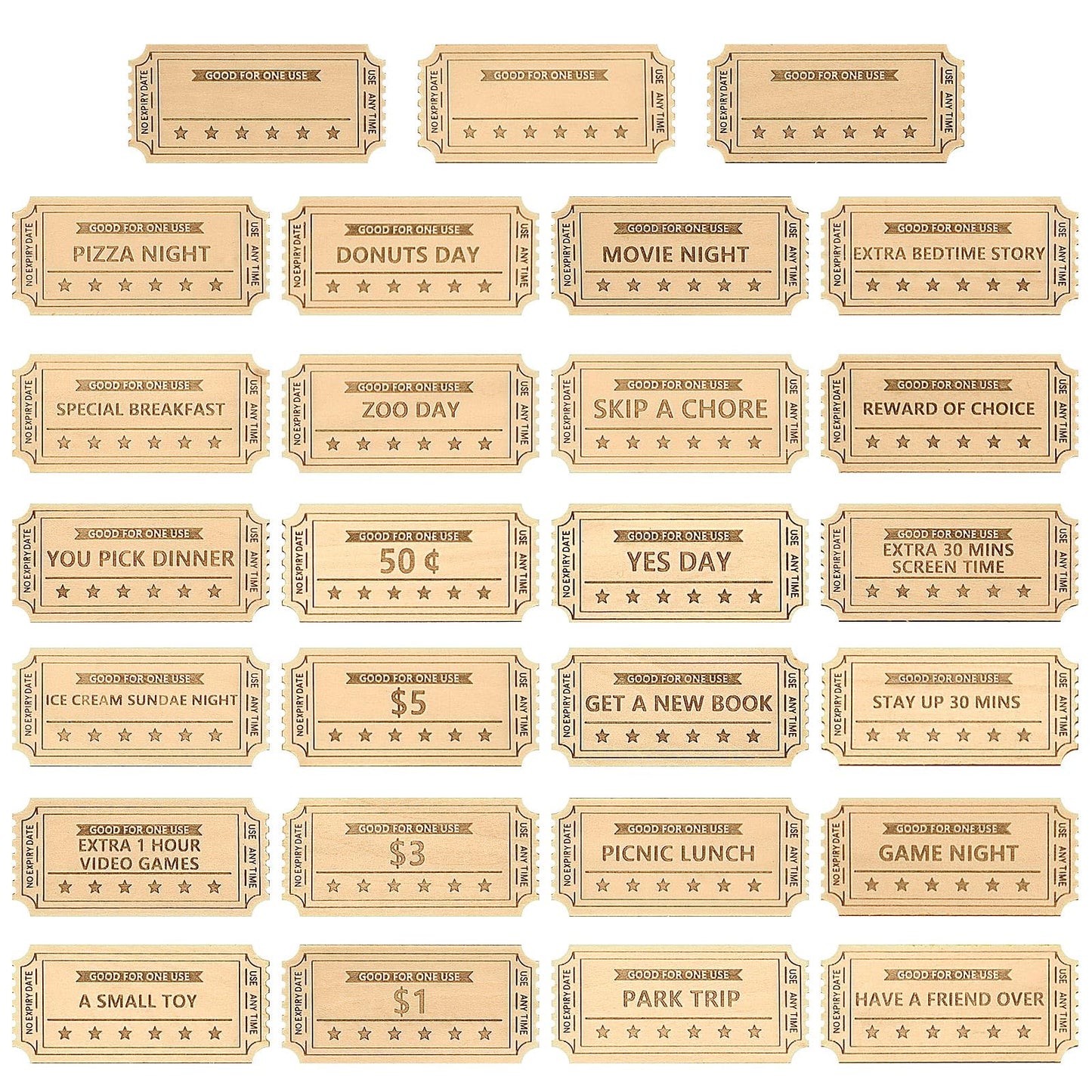 Cypherx Kids Reward Tokens, Unique Birthday Wooden Tokens For Kids, 24 Redeemable Tokens + 3 Blank Diy Tokens, Coupon Shaped (No