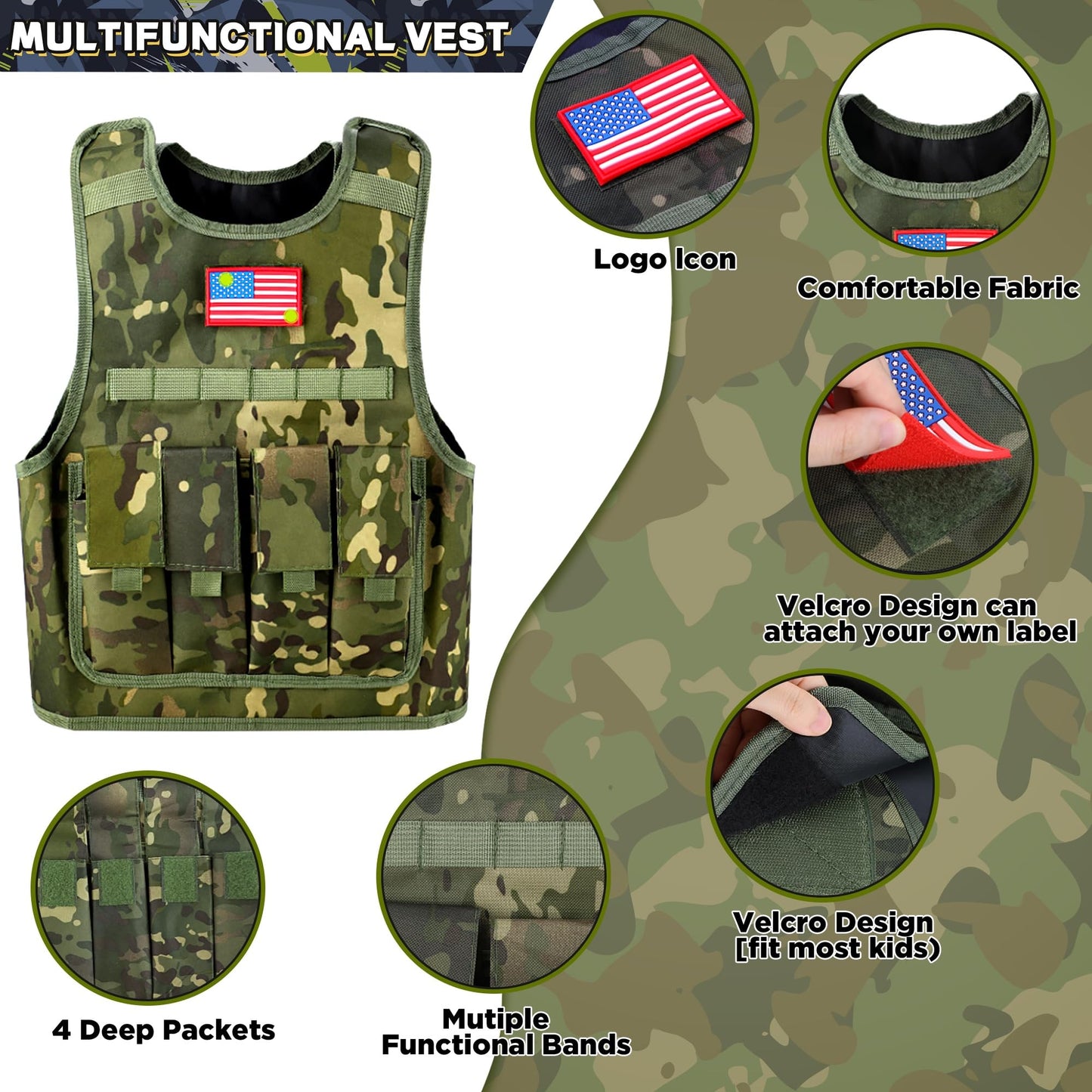 Metemot Kids Army Costume - Military Soldier Outfit with Camouflage Vest & Army Toys, Size M (6-8y), Boys Halloween Dress Up, Green Camo