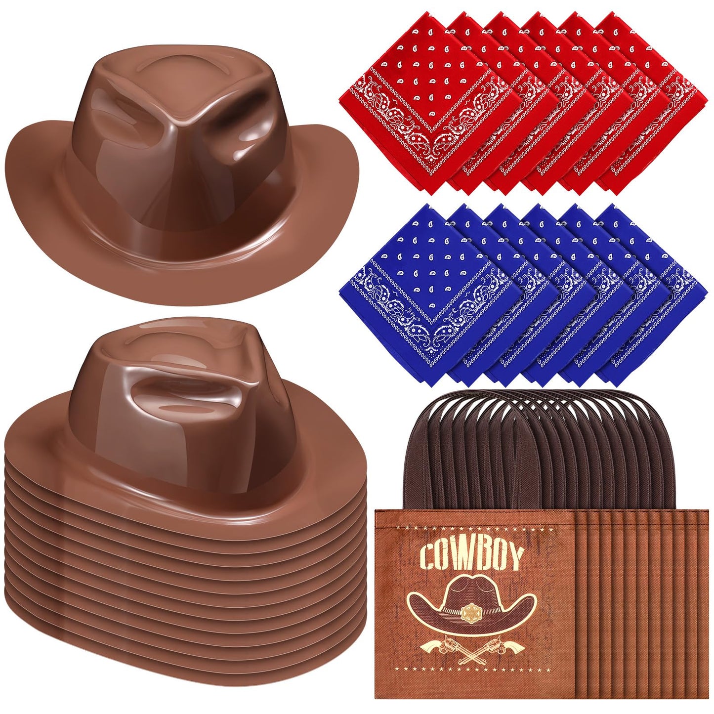 Geetery 36 Pcs Cowboy Hat Western Bandana Treat Bags Set Plastic Cowboy/Cowgirl Themed Party Hats Western Costume Accessories(Br