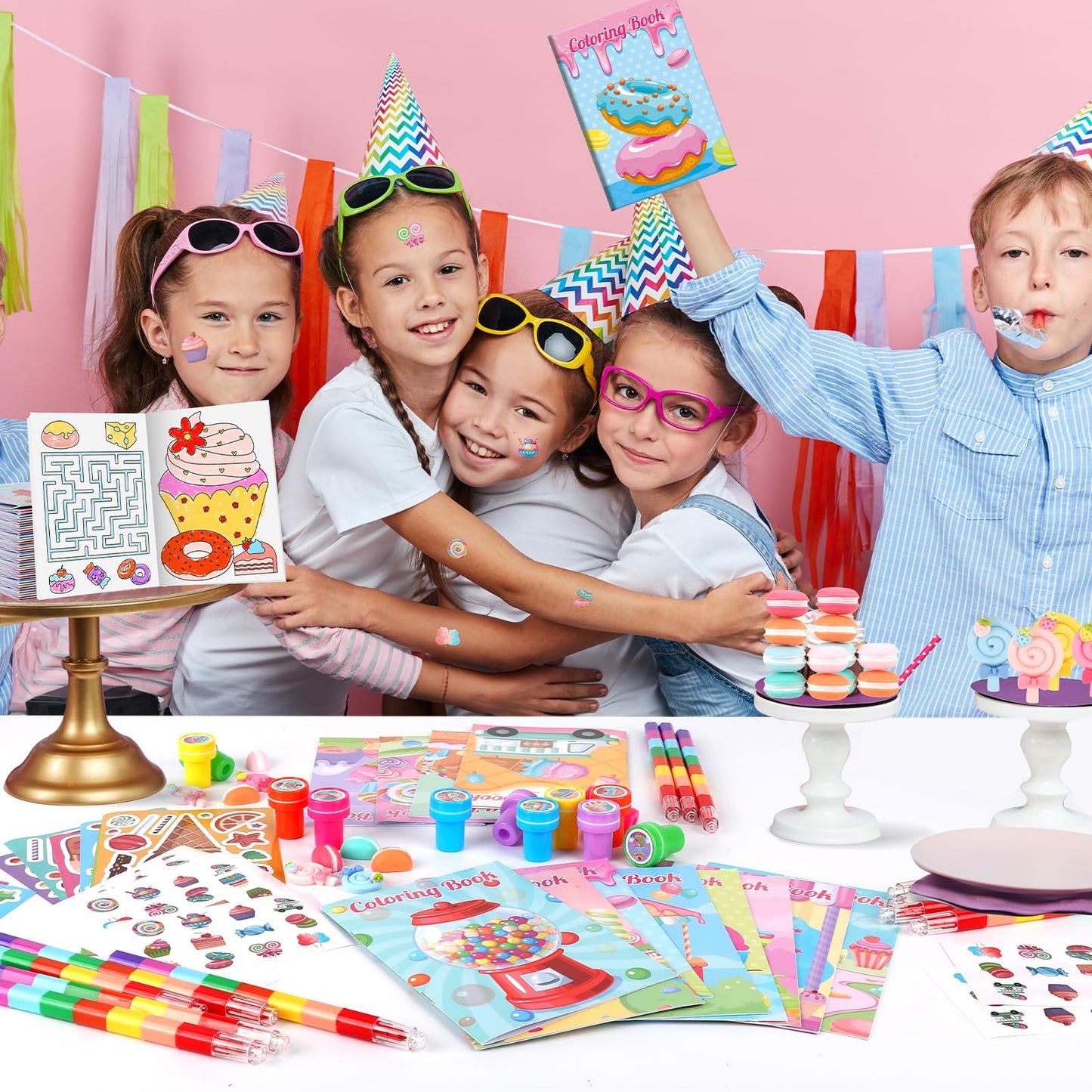 BenLouis 168Pcs Candyland Party Favors Ice Cream Donut Coloring Book Crayon Stickers Set Bulk for Kids Cupcake Lollipop Sweet Tr