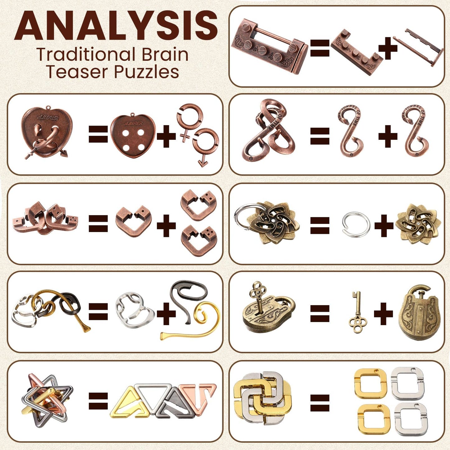 Wettarn 9 Pcs Metal Brain Teaser Puzzles Teaser 3D Steel Puzzle For Adults Unlock Interlocking Puzzle Adult Iq Education Smart Puzzle Toys Gift For Christmas(Fun Style)