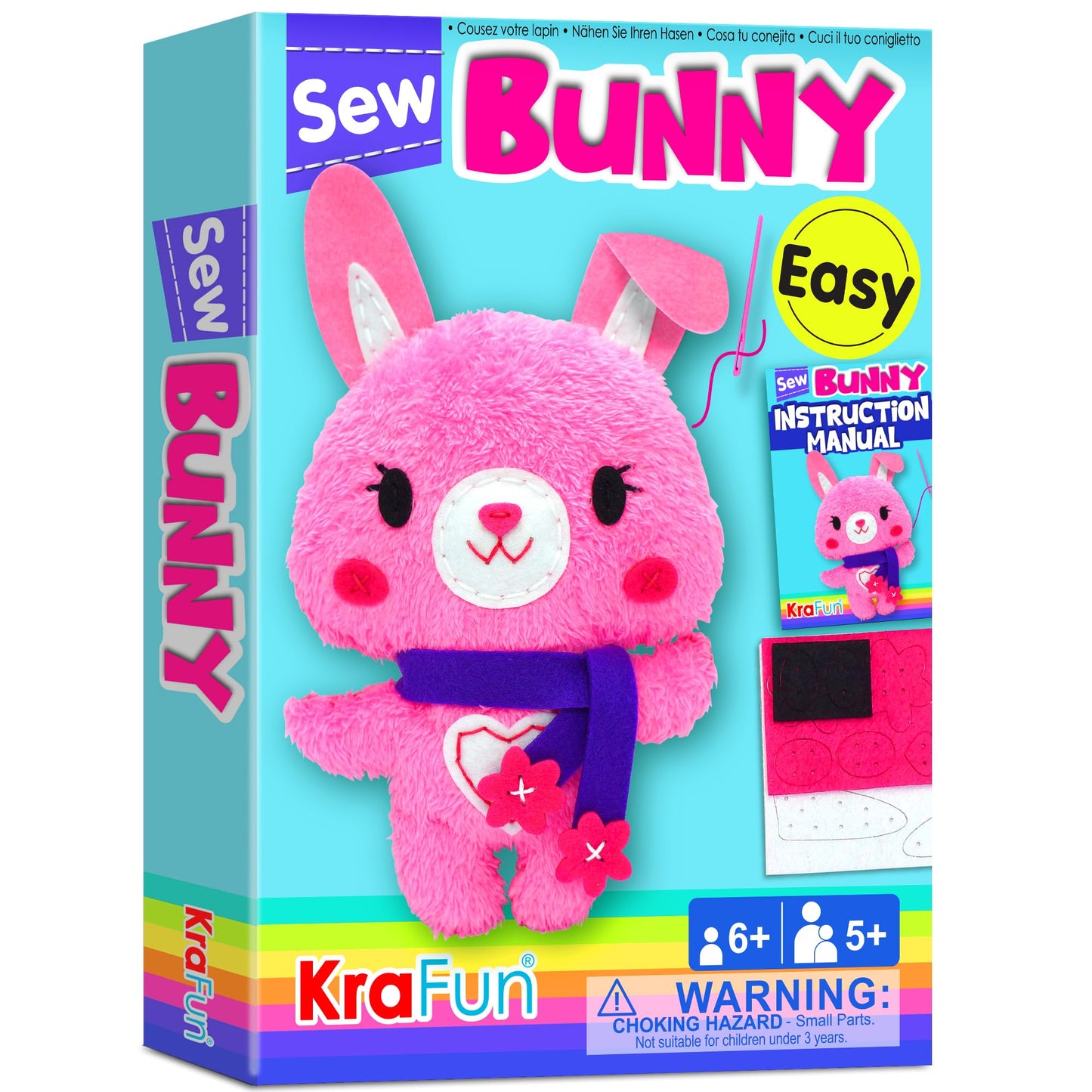 Krafun Sewing Kit For Kids Beginner My First Art & Craft, Includes Bunny Doll Stuffed Animal, Instructions & Plush Felt Materials For Learn To Sew, Embroidery, Age 7 8 9 10 11 12
