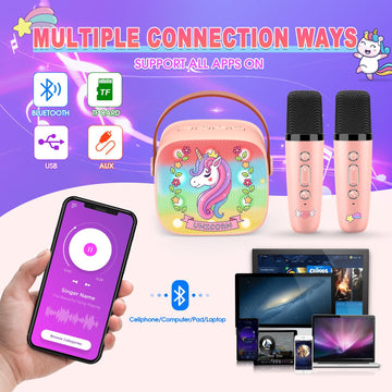 Unicorn Karaoke Microphone Machine Toys: Colorful LED Portable Bluetooth Speaker with 2 Wireless Mics Toys Gifts for 4 5 6 7 8 9