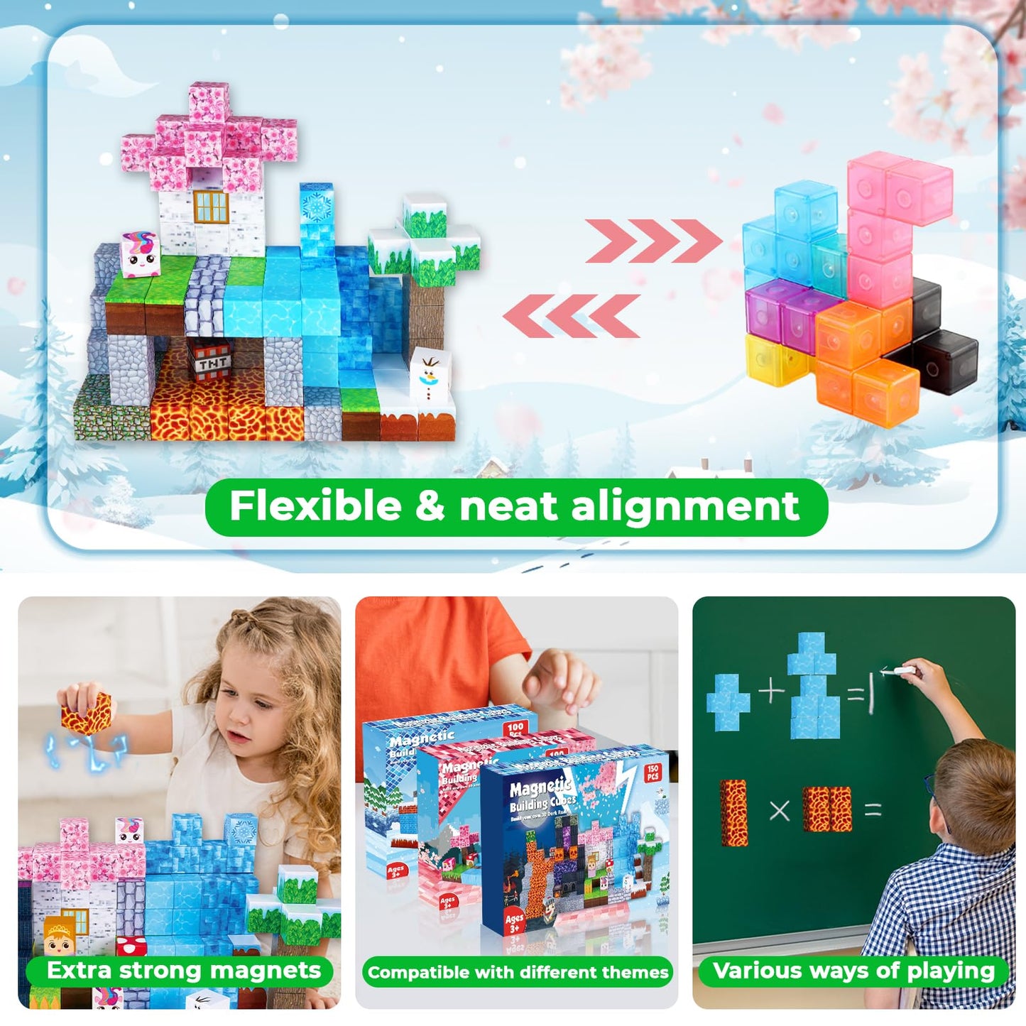 Magnetic Blocks-150Pcs Magnetic Building Blocks Magnetic Tiles Stacking Dark Forest Glacier Castle, Stem Montessori Sensory Toys