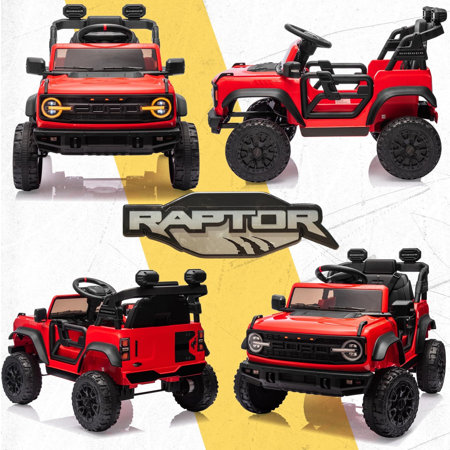 12v Ride On Truck with Remote Control Licensed Ford Bronco Raptor Electric Vehicle for Kids,Toddler Cars to Drive,Sefety Belt,Lo