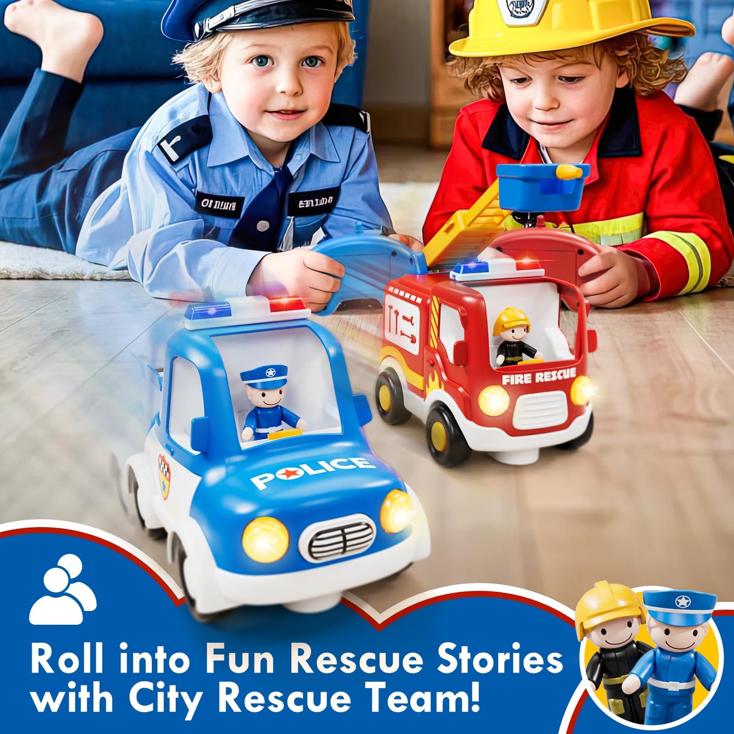 Lehoo Castle Remote Control Car for Toddlers, Fire Trucks for Toddlers 3-5, Remote Control Police Car Toy with Sounds & Lights,