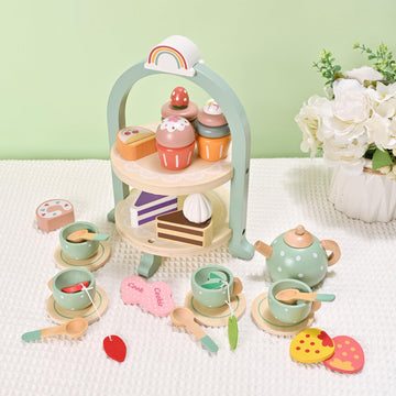 MONT PLEASANT 27pcs Wooden Tea Set for Little Girls, Toddler Tea Set Wooden Toys Play Kitchen Accessories with Cupcake Stand, Ki