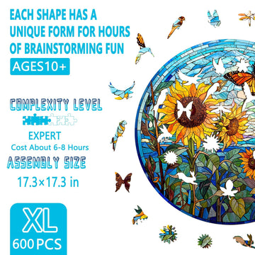 Wooden Puzzles for mature-themeds - Glass Sunflower Wood Puzzle 600 Pieces Unique Shaped Wooden Jigsaw Puzzles for mature-themeds Wood Puzzles mature-themed Perfect for Birthday Gift Family Puzzle 17.3 * 17.3in XL