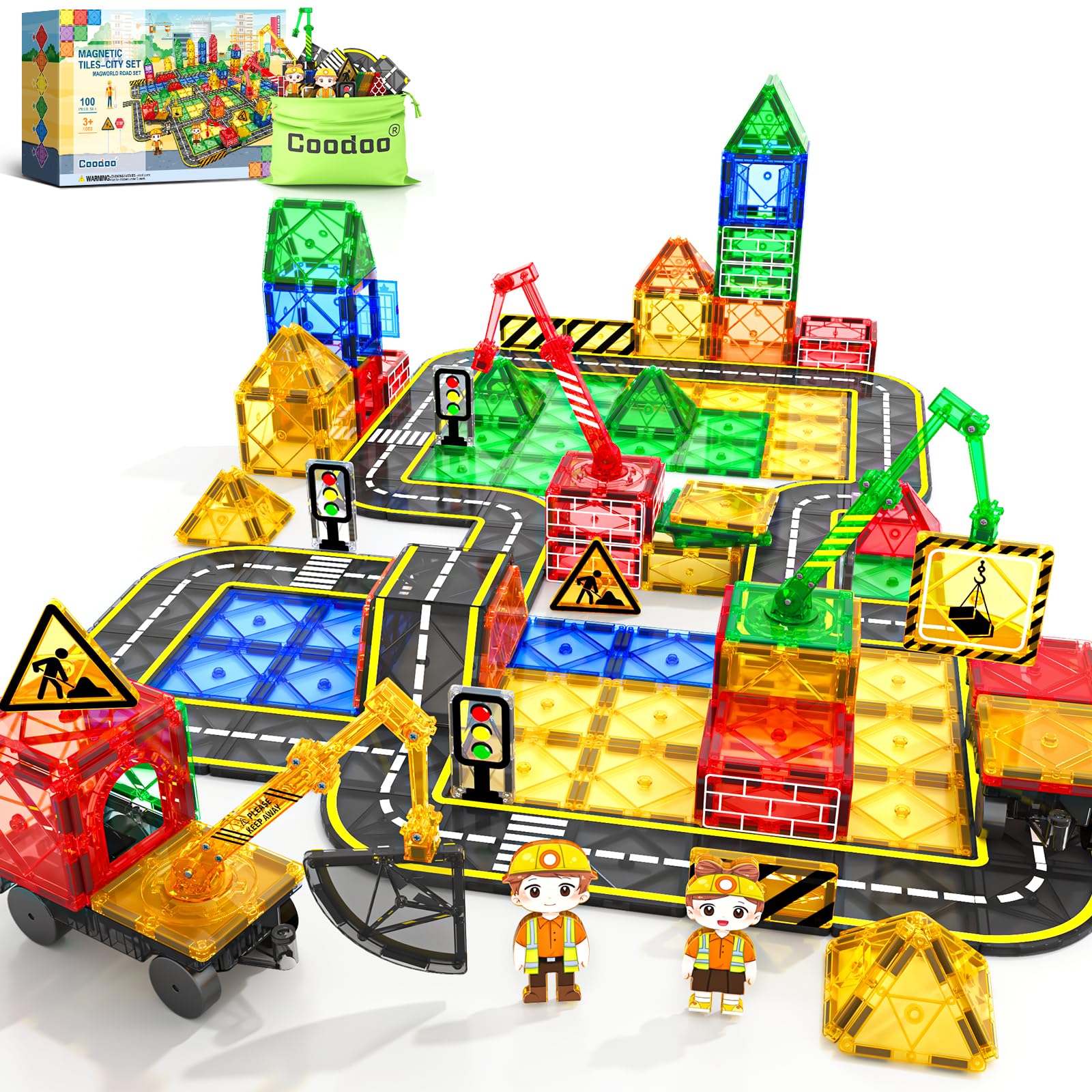 100 Pcs Magnetic Tiles Road Set With Cranes Cars Magnetic