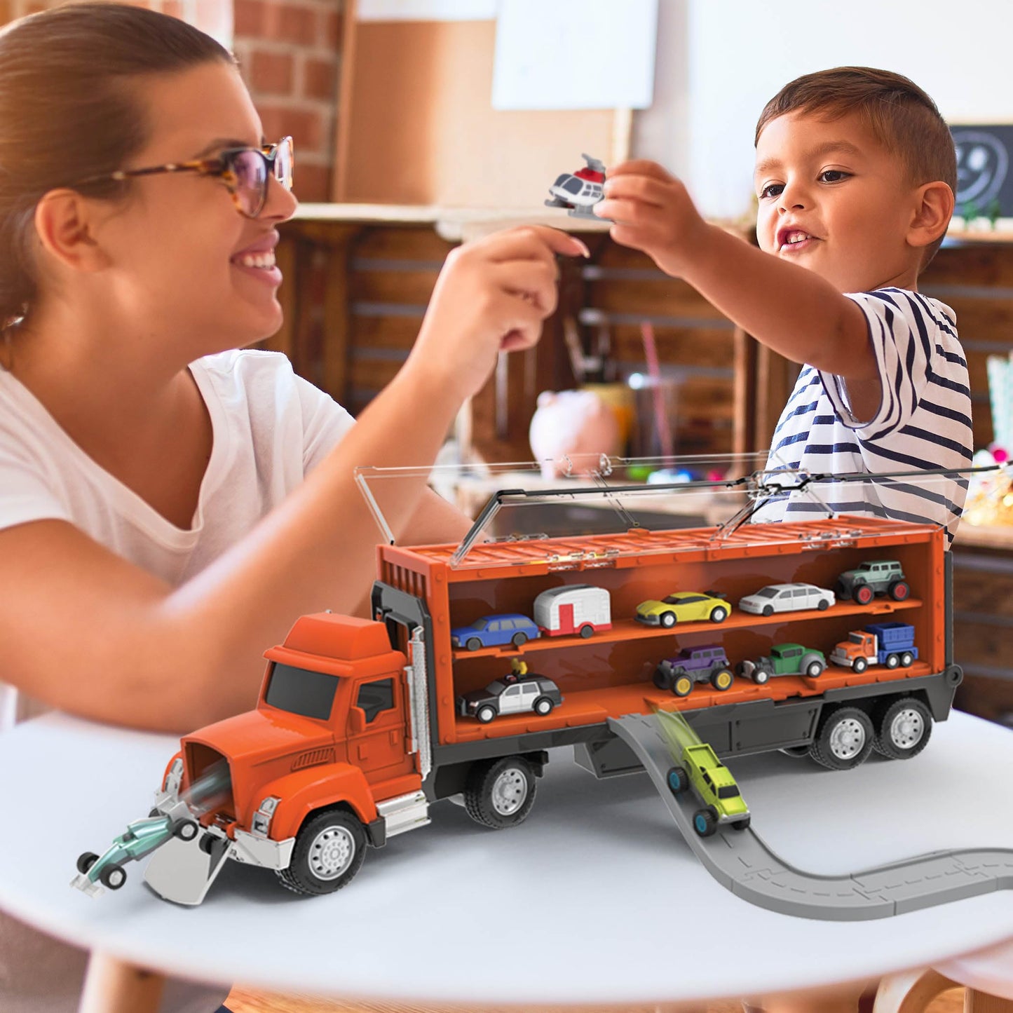 Driven by Battat Car Carrier Toy Truck with Detachable Trailer, 12.93"x3"x4.16", Multicolor, Plastic, Model WH1181Z, Ideal for Kids 3+