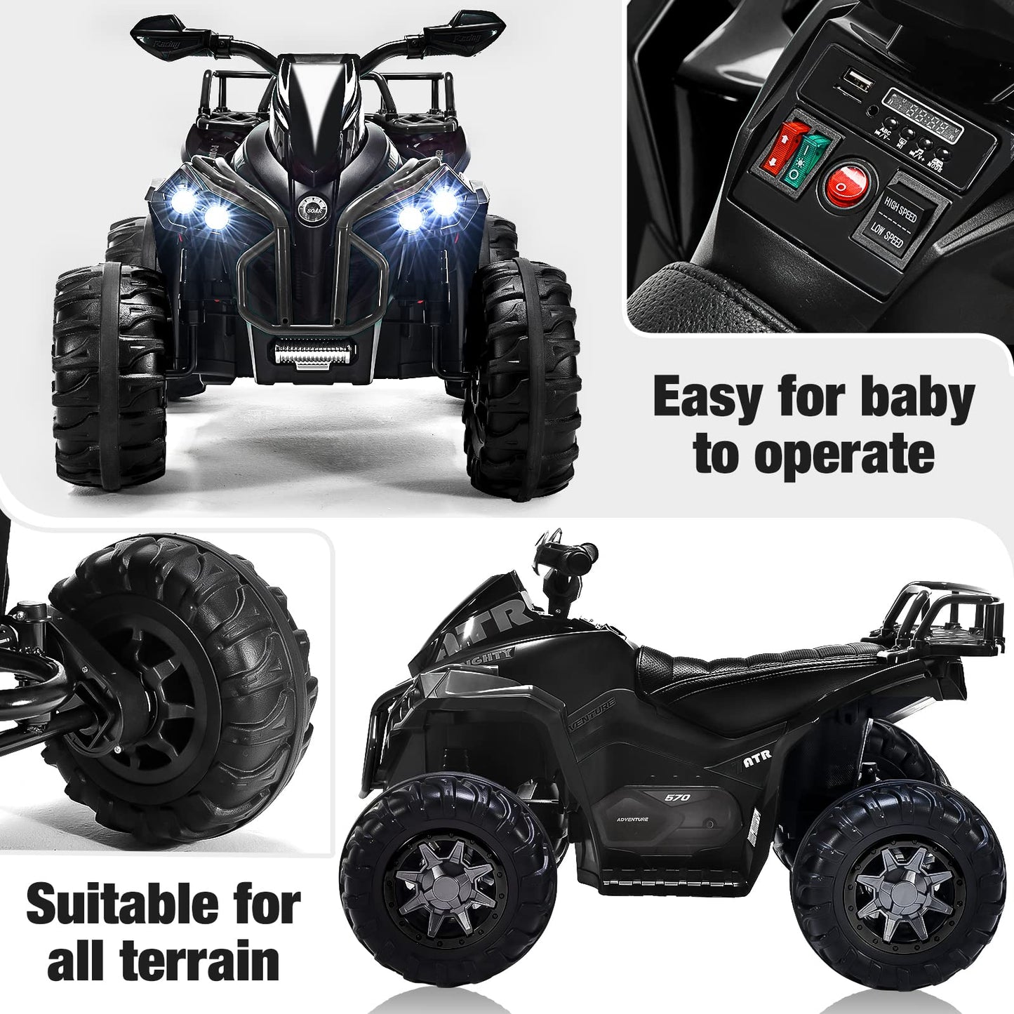 SOAR Remote Control 4 Wheeler for Kids, Black Electric ATV, 12V Battery, LED Lights, Music, High/Low Speed, Ages 3-6