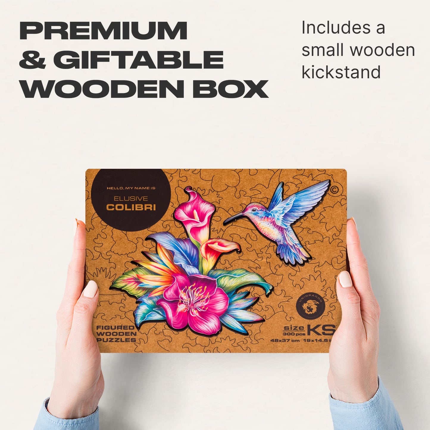 Unidragon Original Wooden Jigsaw Puzzles - Elusive Colibri, 300 Pcs, King Size 19''X14.5'', Beautiful Gift Package, Unique Shape