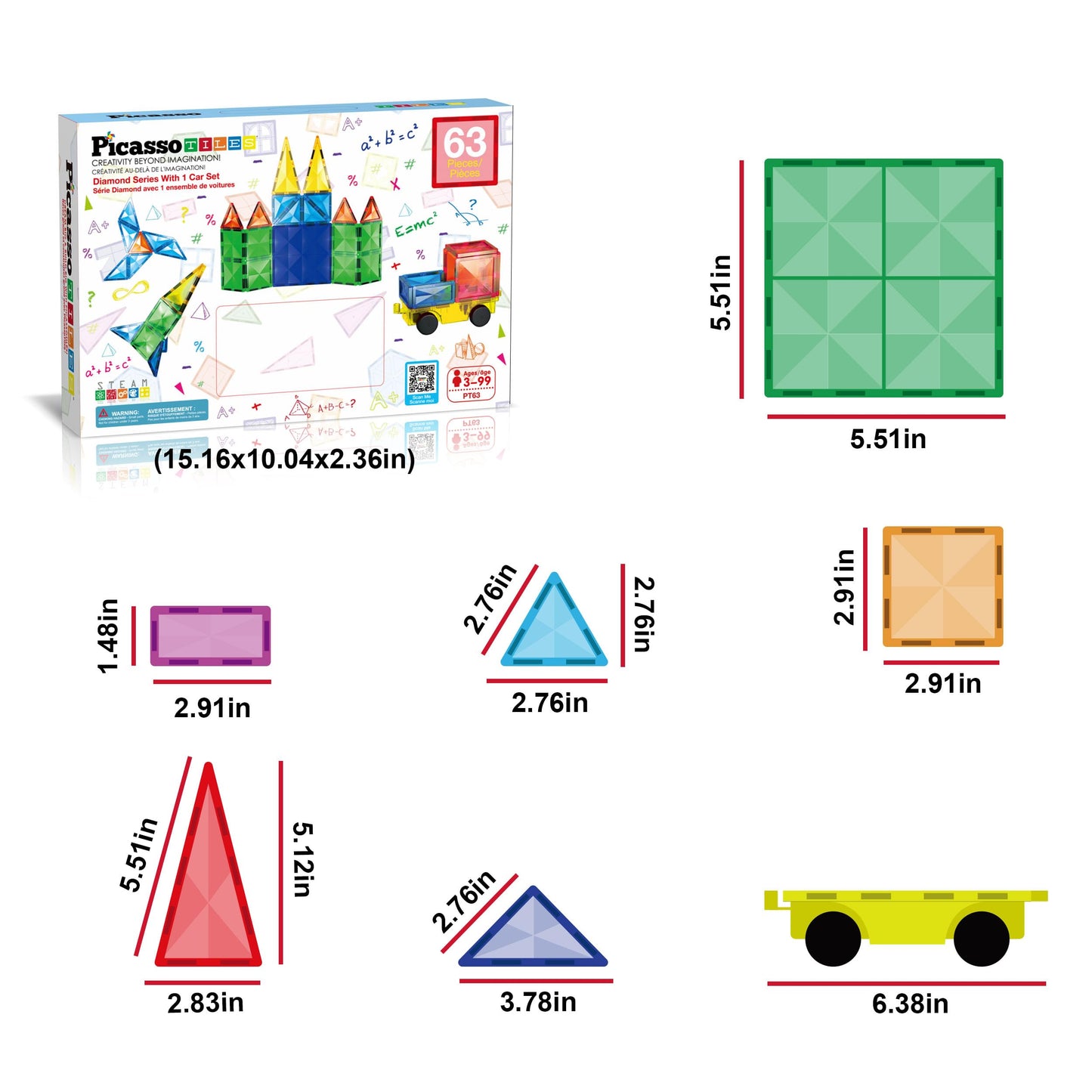 Picassotiles 63 Piece Magnetic Building Block Construction Toy Set Diamond Magnet Tile Blocks With Car Truck Stem Learning Kit E
