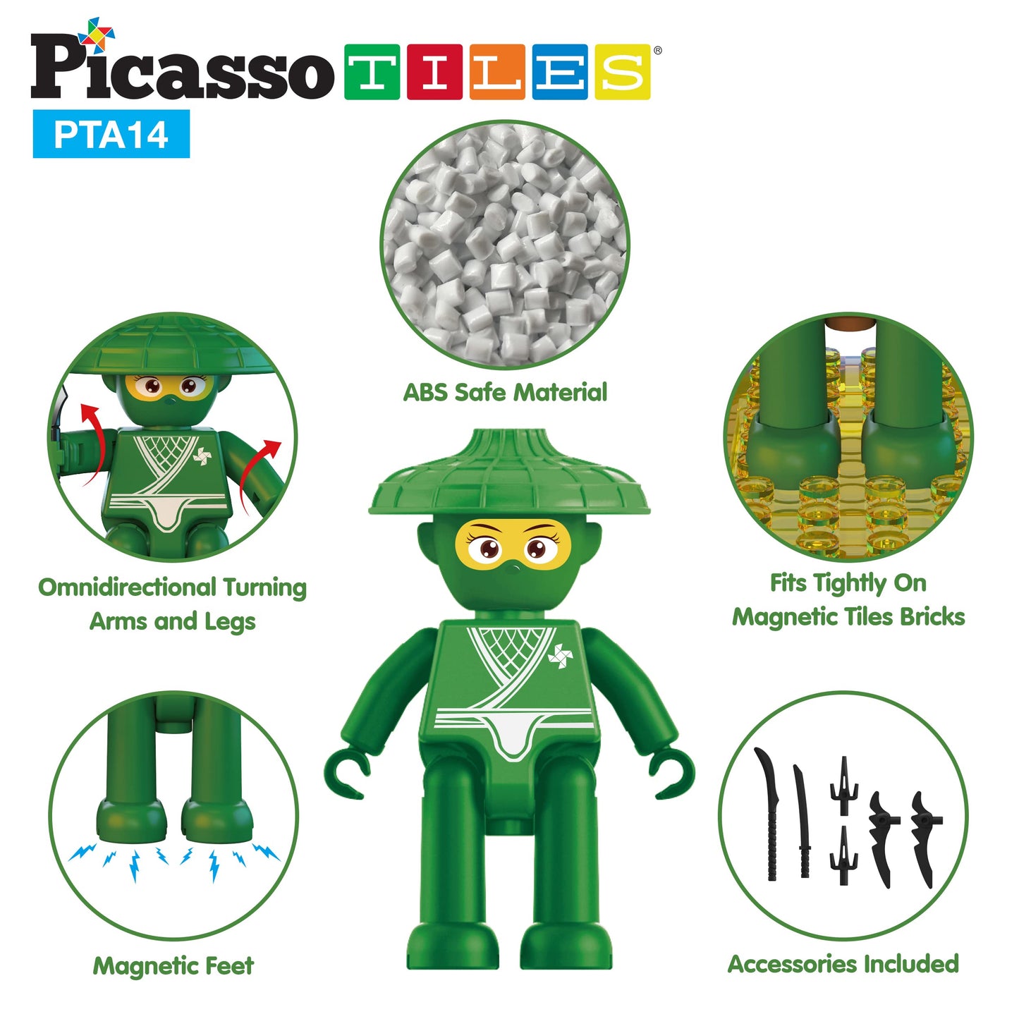 Picasso Toys Magnetic Figures 4 Piece Ninja Character Action Building Block Tiles Toddler Toy Set Magnet Expansion Pack Ages 3 A