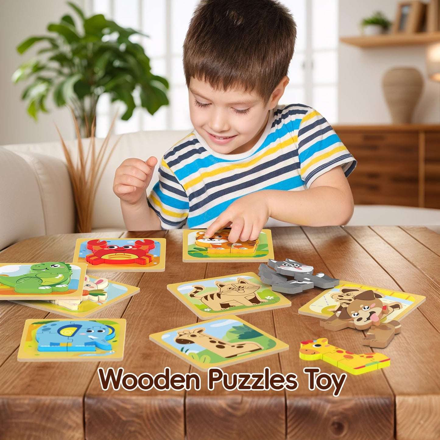 Funmission Puzzles, 8Pcs Animals Jigsaw Puzzles Toddler Toys, Brain Teaser Puzzles Montessori Toys, Wooden Puzzle Games, Educati