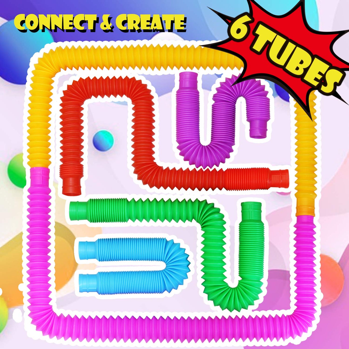 Novelty Place 6 Pack Pop Tubes Fidget Toy For Kids And Adults, Colorful Heavy Duty Tube Toy For Construction - Sensory Educational Toys Relieve Stress, Autism, And Anxiety