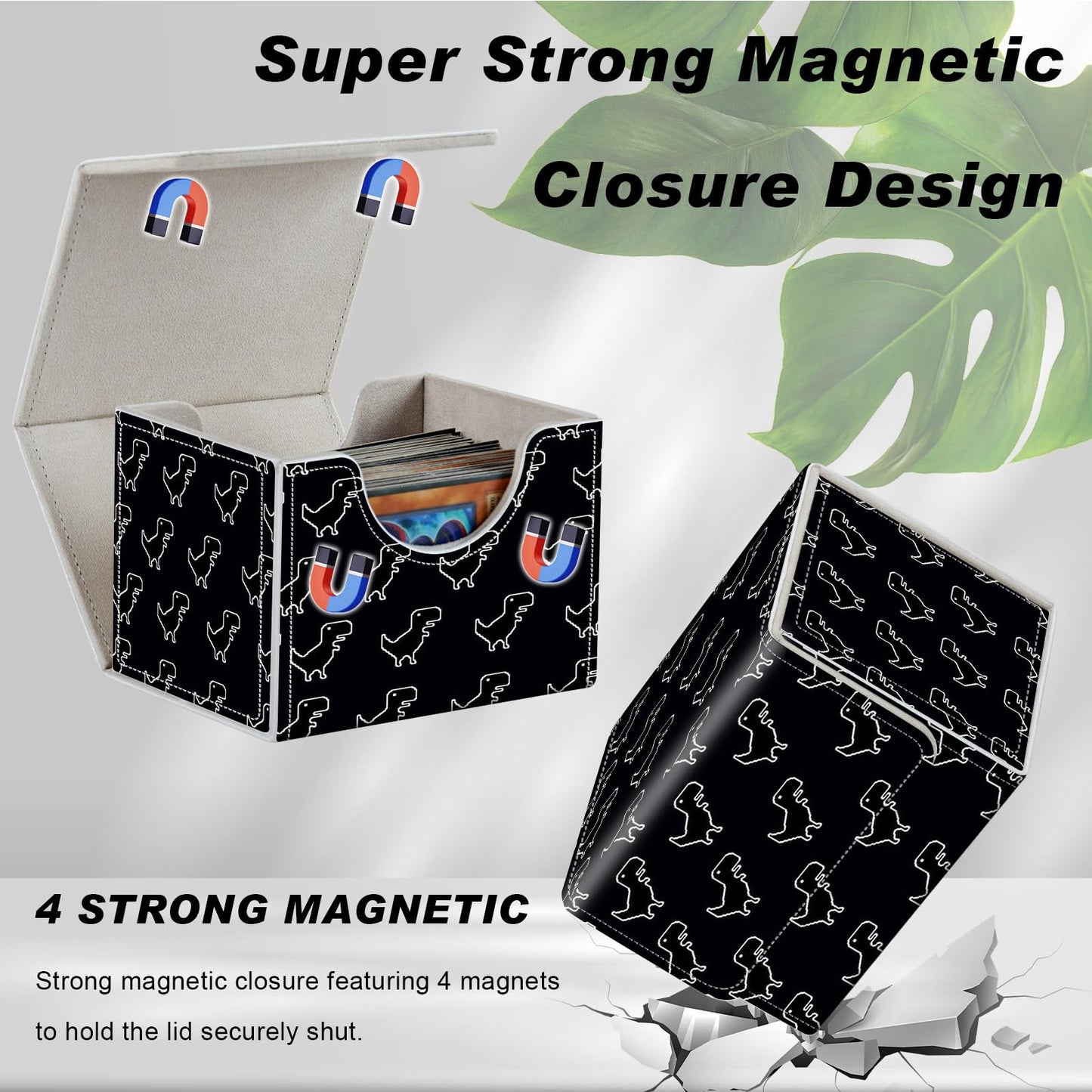 DEGDFSGR for TCG MTG Card Game Storage Box Organizer Trading Card Case Commander Deck Box Magnetic Closure Creative Pattern Up to 200 Cards Little Dinosaur Black