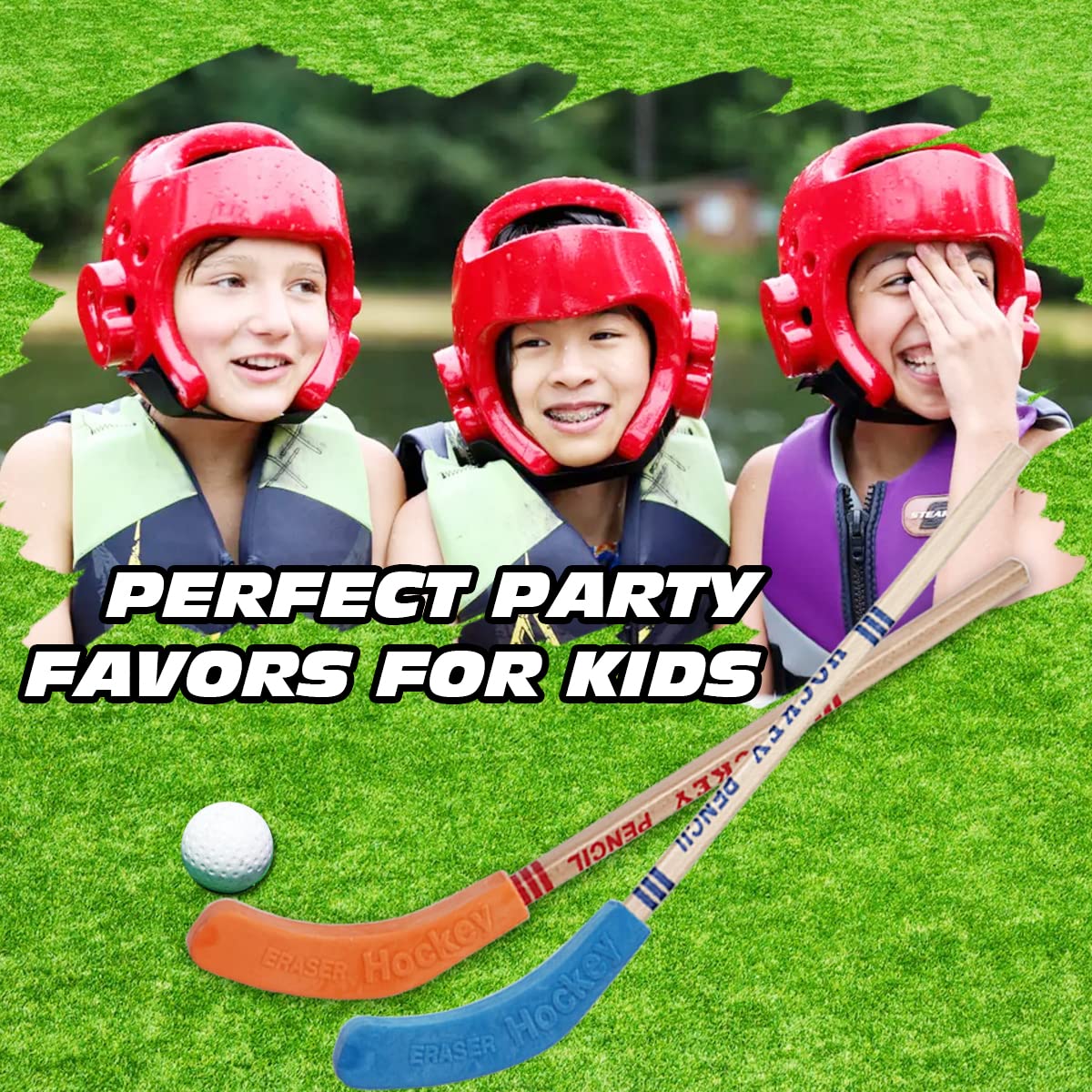 TIHOOD 18PCS Hockey Pencils and Erasers - Bulk 9 Inch Hockey Stick Sports Theme Party Supplies, Fun Cool Pencils for Hockey Fans