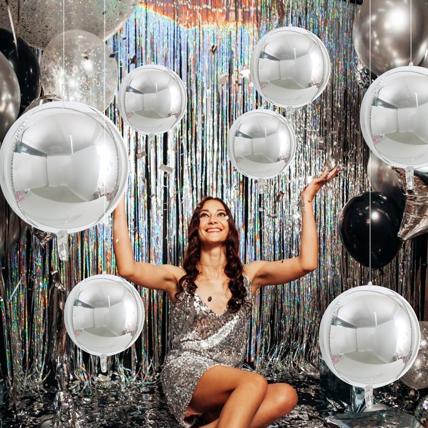 TONIFUL 16Pcs Large Silver 4D Giant Round Foil Balloon 4D Mirror Metallic Mylar Sephere Balloons for Christmas New Year Birthday