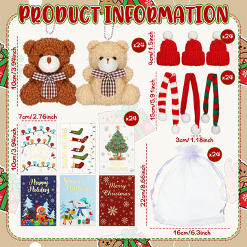 Poen 24 Set Christmas Gift 4 Inch Mini Christmas Stuffed Plush Bear with Santa Hat Scarf Christmas Cards Organza Bags Xmas Stuff