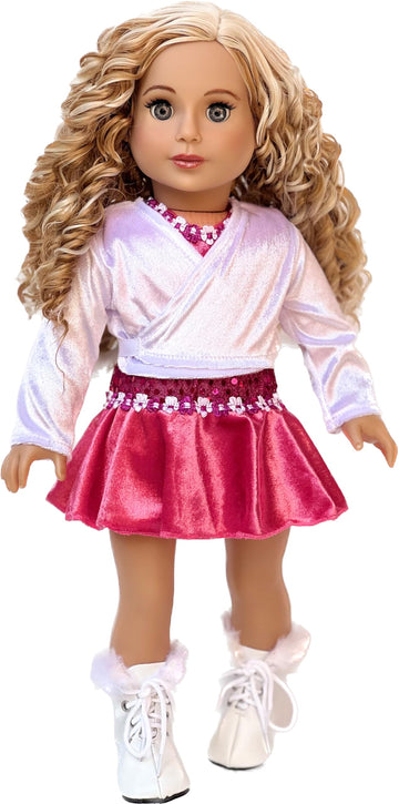 Ice Skating Girl - 4 Piece Ice Skating Outfit For 18 Inch Doll - Pink Leotard With Skirt, White Warmup Sweater And White Ice Skates - 18 Inch Doll Clothes (Doll Not Included)