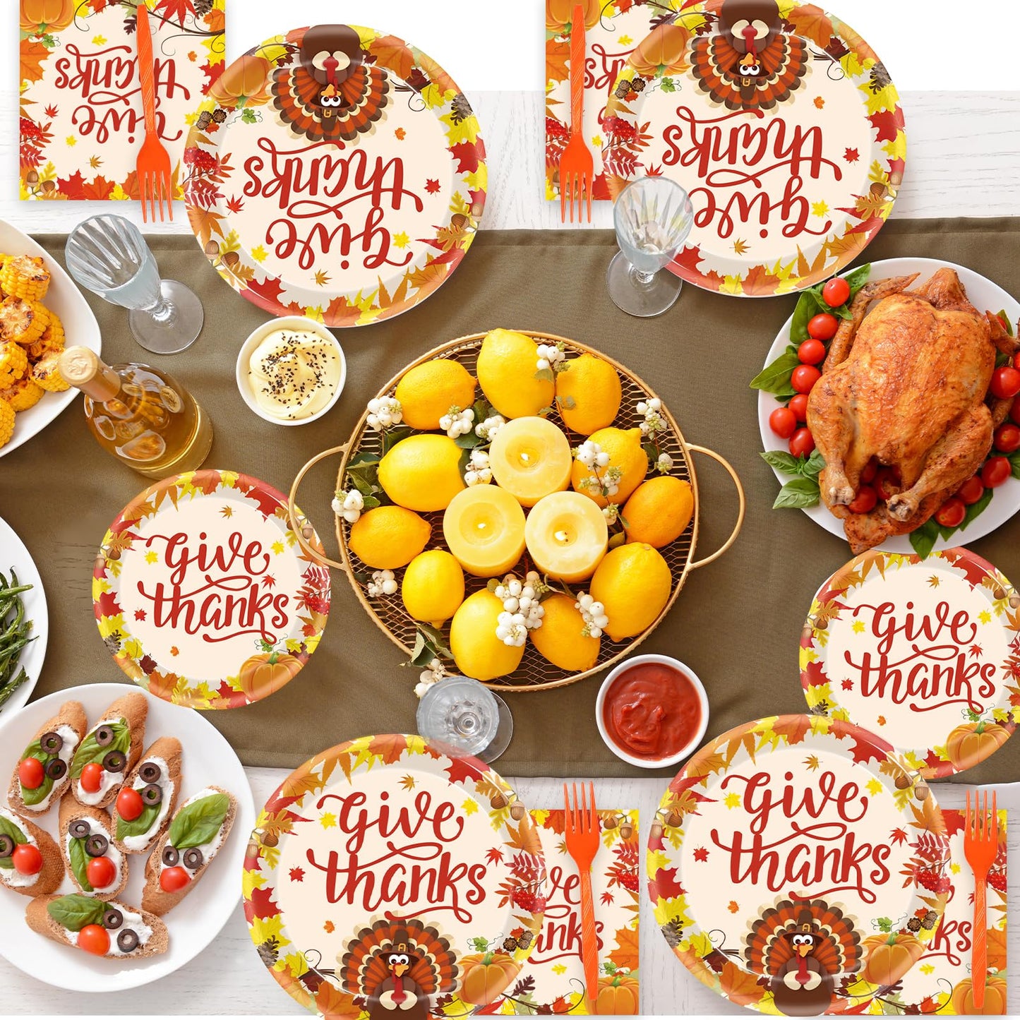 Kepeel 96 Pcs Fall Thanksgiving Party Supplies Give Thanks Party Plates Fall Pumpkin Turkey Autumn Party Plates Napkins Set Disp