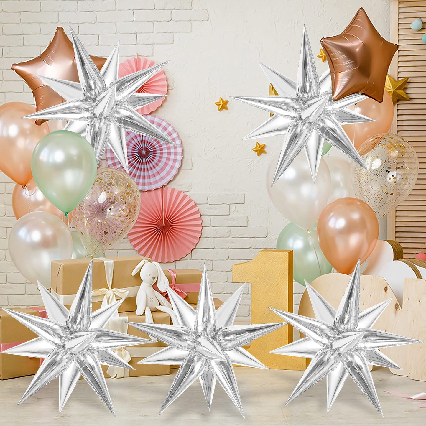 60 Pcs Silver Star Balloons Explosion 12 Point Foil Cone Balloons Magic Starburst Balloons Large For Wedding Anniversary Backdro