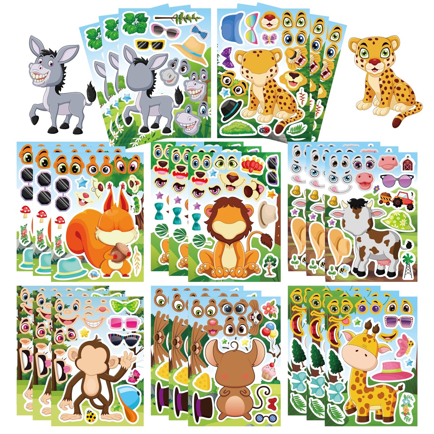 24 Sheets Animal Stickers For Kids Toddler, Jungle Animal Stickers Make-A-Face Sticker Sheets Make Your Own Animal Mix And Match
