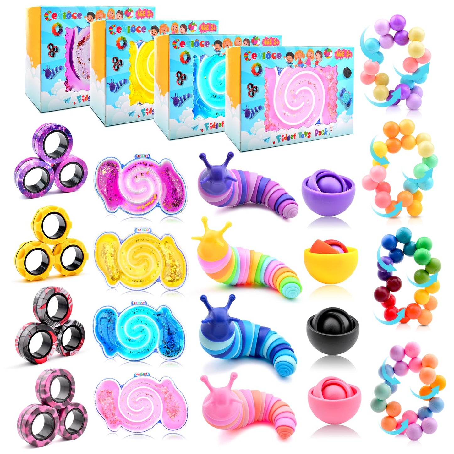 Cevioce 20Pcs Fidget Toys Adults Pack,Stocking Stuffers For Teens Boys Girls,Autism Sensory Toys With Fidget Spinner Slug Magnetic Rings,Squishy Fidget Toys Adhd Stress Relief,Party Favor For Kid-Bpyp