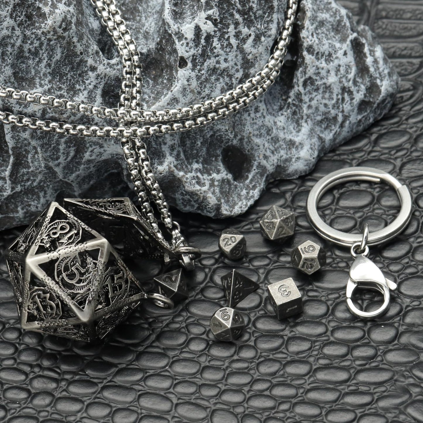 PJOY Mini Dice Set Tiny DND Dice with Hollow D20 Cage D&D Portable 7PCS Keychain Mini Metal Dice Set for Role Playing Dice Games