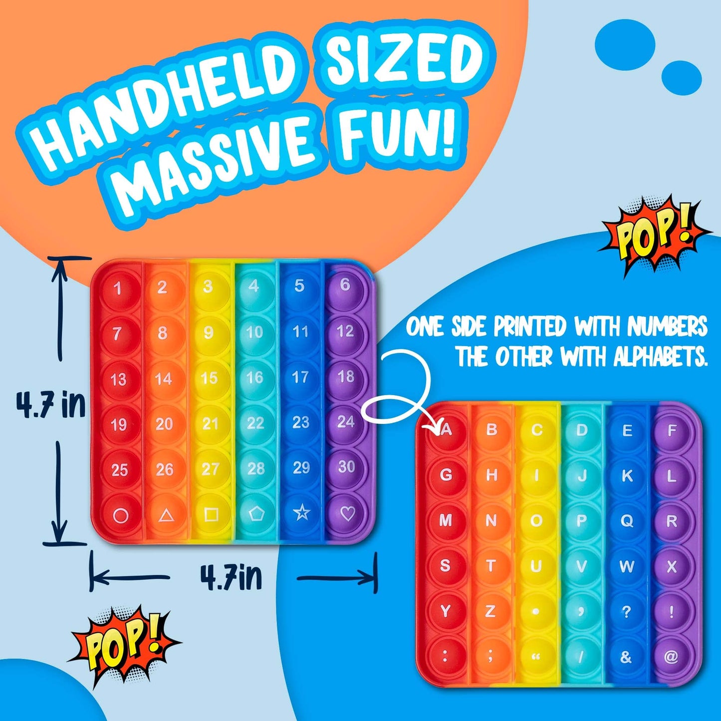 Push Pop Bubble Fidget Sensory Toy, 4-Pack, Square, 5 X 5 Inches, Rainbow, Numbers And Alphabets, Party Favors