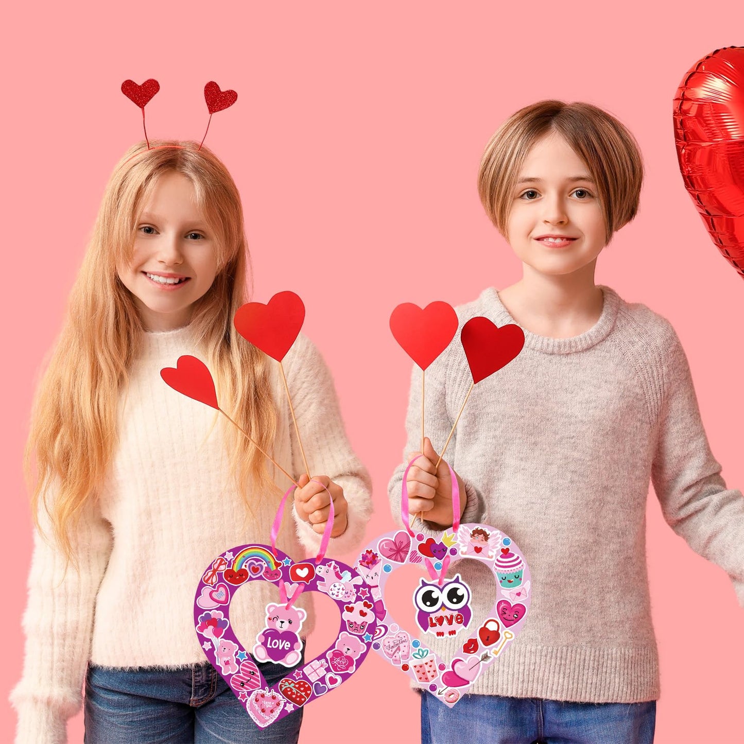 DoubleFill 24 Sets Valentines Day Crafts Kit Make Your Own Heart Wreath Ornaments Valentines DIY Card Cute Stickers Bulk Valent