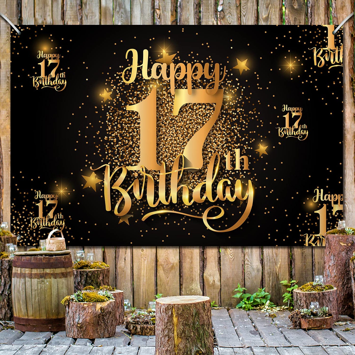 Happy 17Th Birthday Backdrop Banner Step And Repeat 17 Years Old Background Decorations For Women Men Her Him Photography Party Supplies Glitter Black Gold