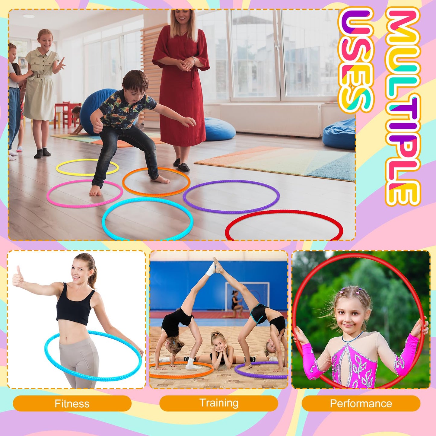 Sratte 6 Pcs Exercise Hoop Detachable Adjustable Plastic Hoops Snap Together Toy Hoop Color Playground Toys For Girls And Boys Party Games, Sports, Exercise, Dog Training (Stylish Colors,28 Inch)