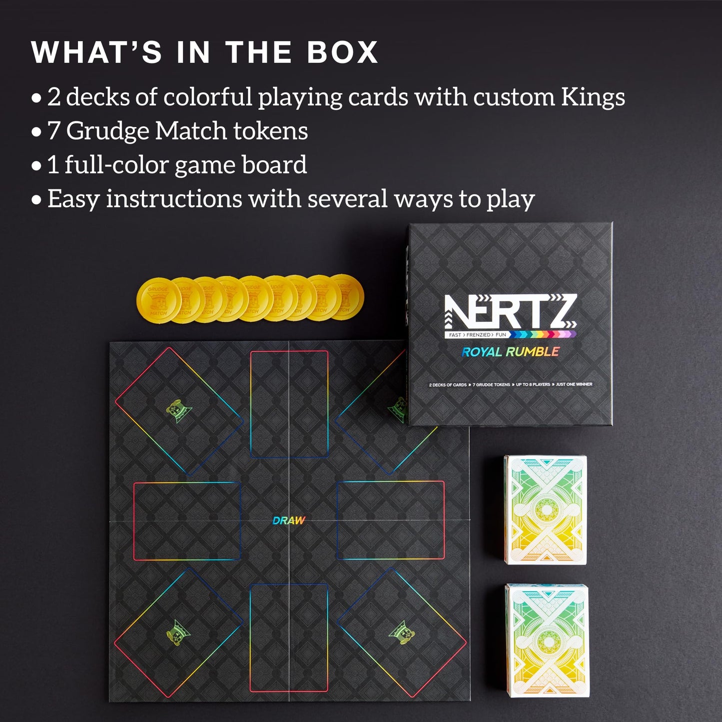 Brybelly Nertz Royal Rumble Card Game - Party Solitaire Game, Up To 8 Players - 2 Decks Colorful Playing Cards, Wide Poker Cards