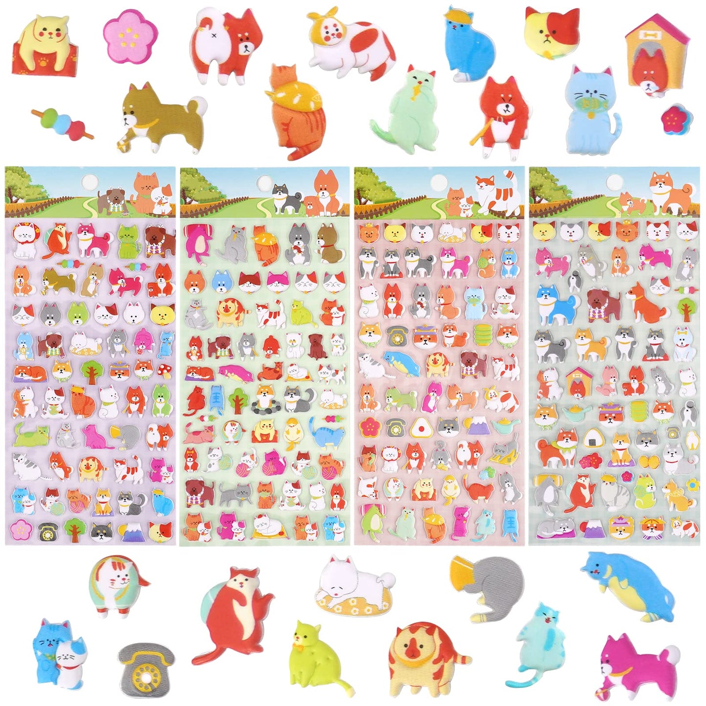 Shangrla Cat And Dog Puffy Stickers For Kids Girls 3D Puff Puppy Kitten Pet Stickers For Adults Teens,Cute Small Dog Cat Face Stickers For Phone Case,Stationery,Albums,4 Sheets.
