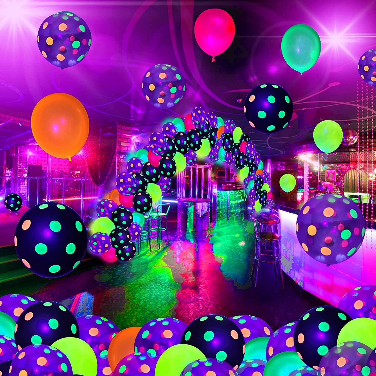 90 Pcs Uv Neon Balloons,Neon Polka Dot Glow Party Balloons Uv Black Light Balloons Glow In The Dark For Birthday Decorations Wed
