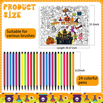 Halloween Giant Coloring Poster With 24 Pcs Paint Pens, 31.5 X 39.37 Inch Jumbo Coloring Poster With Pumpkin, Huge Coloring Pape