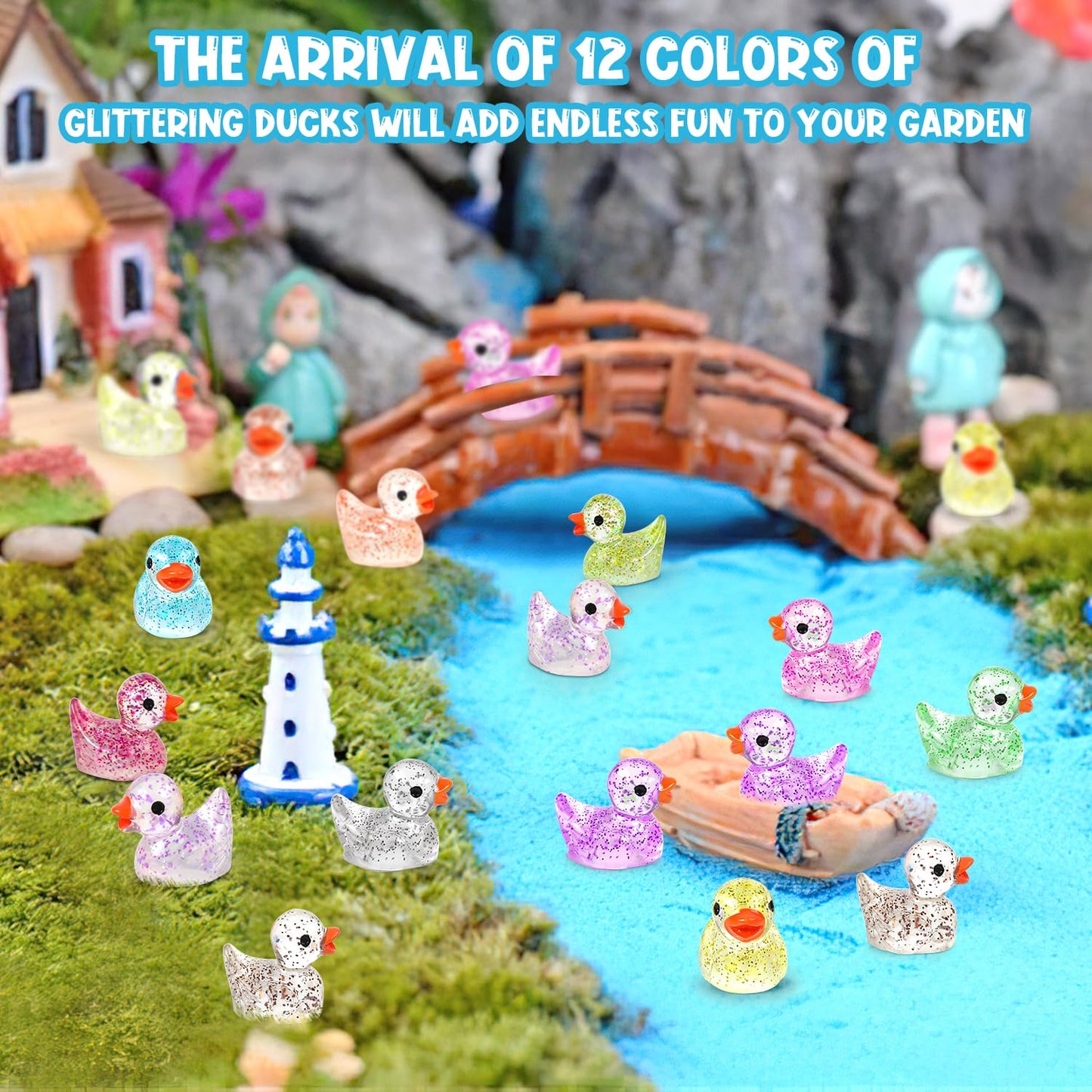 GOKUPOK 120 Pcs Glitter Mini Resin Ducks 12 Colors Little Duck Figures Tiny Ducks for DIY Garden Micro Landscape Aquarium Potted