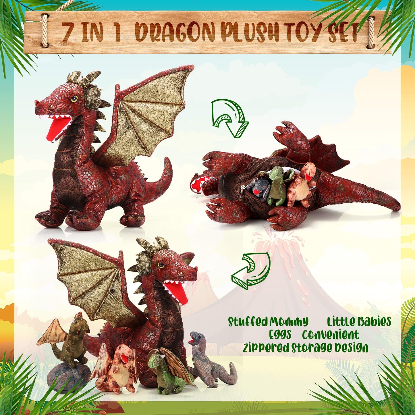 Deekin 7 Pcs Dragon Toy Set - 16 Large Stuffed Animal with 4 Baby Plush & 2 Eggs - Retro Dinosaur Gifts for Boys & Girls