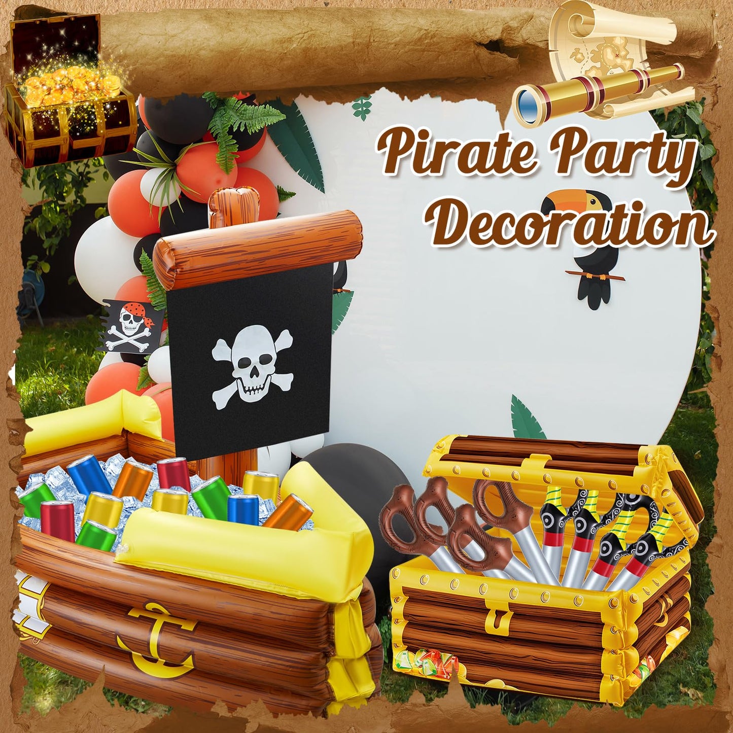 Cunhill 14 Pcs Pirate Party Set Birthday Pirate Party Decoration 1 Pc Funny Inflatable Pirate Ship Drink Cooler 1Pc Blow up Treasure Chest 12 Pcs Kid decorative replica blade for Supplies Beverage Serving Container Pool